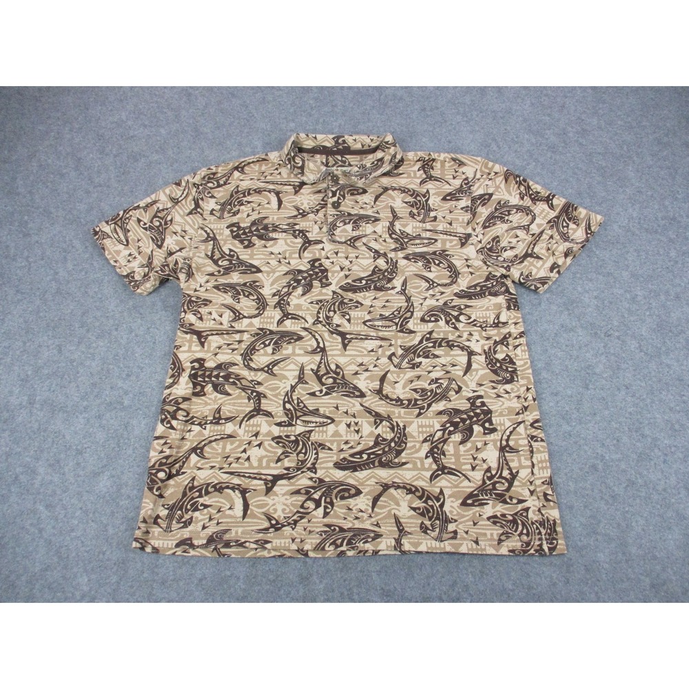 Crazy Shirts Hawaii Polo Shirt Mens Medium Beige Hawaiian Tribal Shark Pique